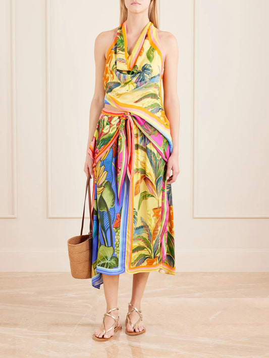 Image of a model wearing Skirts. Product name - Rainbow Summer Printed Satin Midi Skirt in Green colour by brand - Farm Rio