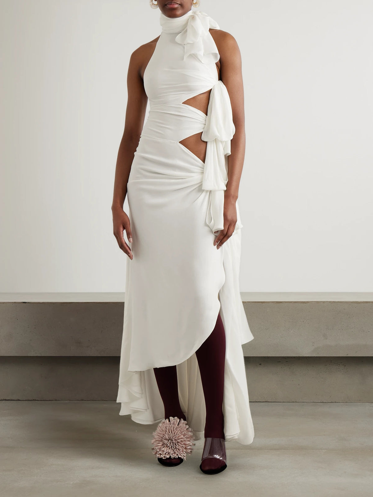 Image of Dresses. Product name - Asymmetric Tie-detailed Cutout Crepe De Chine Gown in White colour by brand - Alaïa