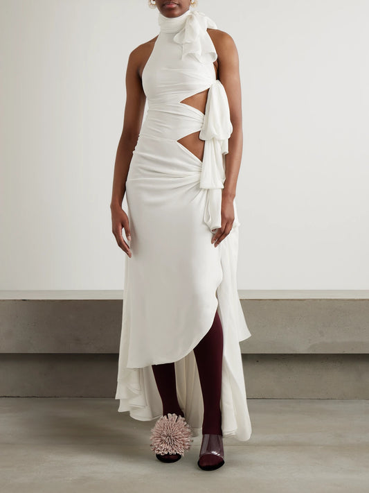 Image of Dresses. Product name - Asymmetric Tie-detailed Cutout Crepe De Chine Gown in White colour by brand - Alaïa