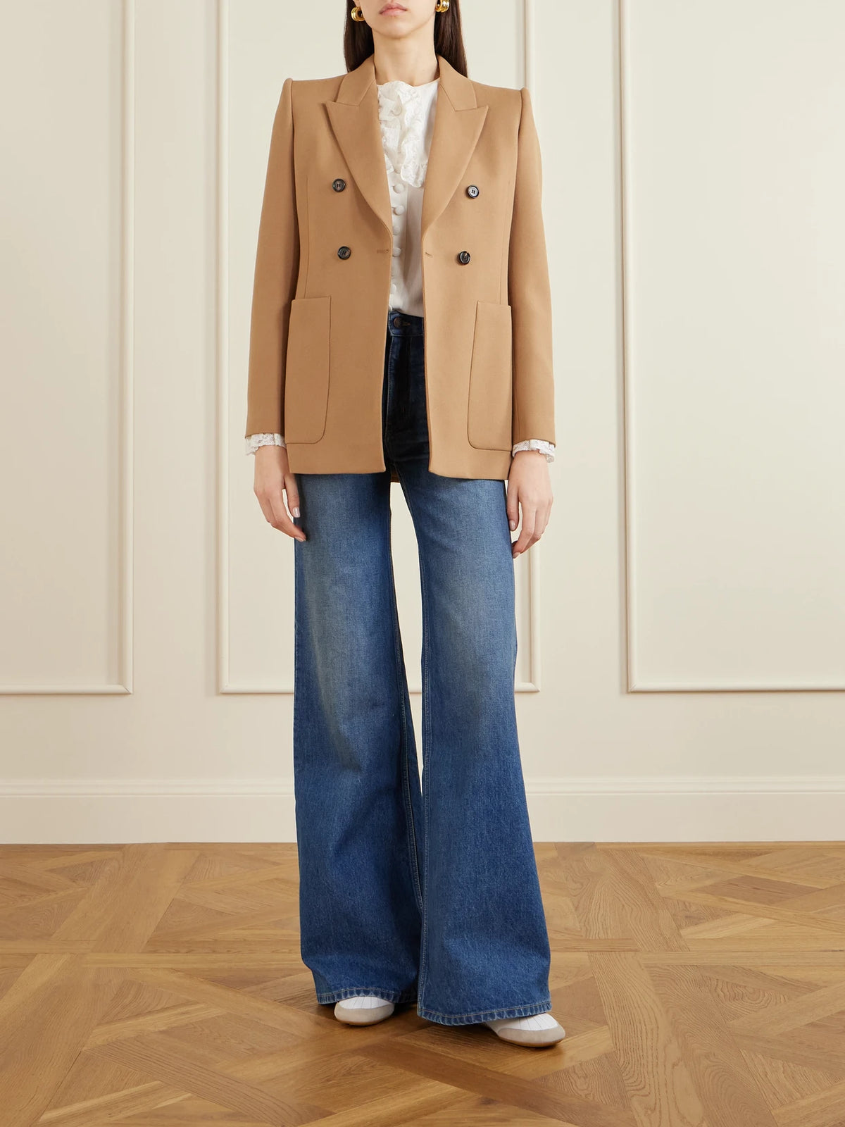 Image of Sneakers. Product name - Kick Suede-trimmed Leather Sneakers in White colour by brand - Chloé