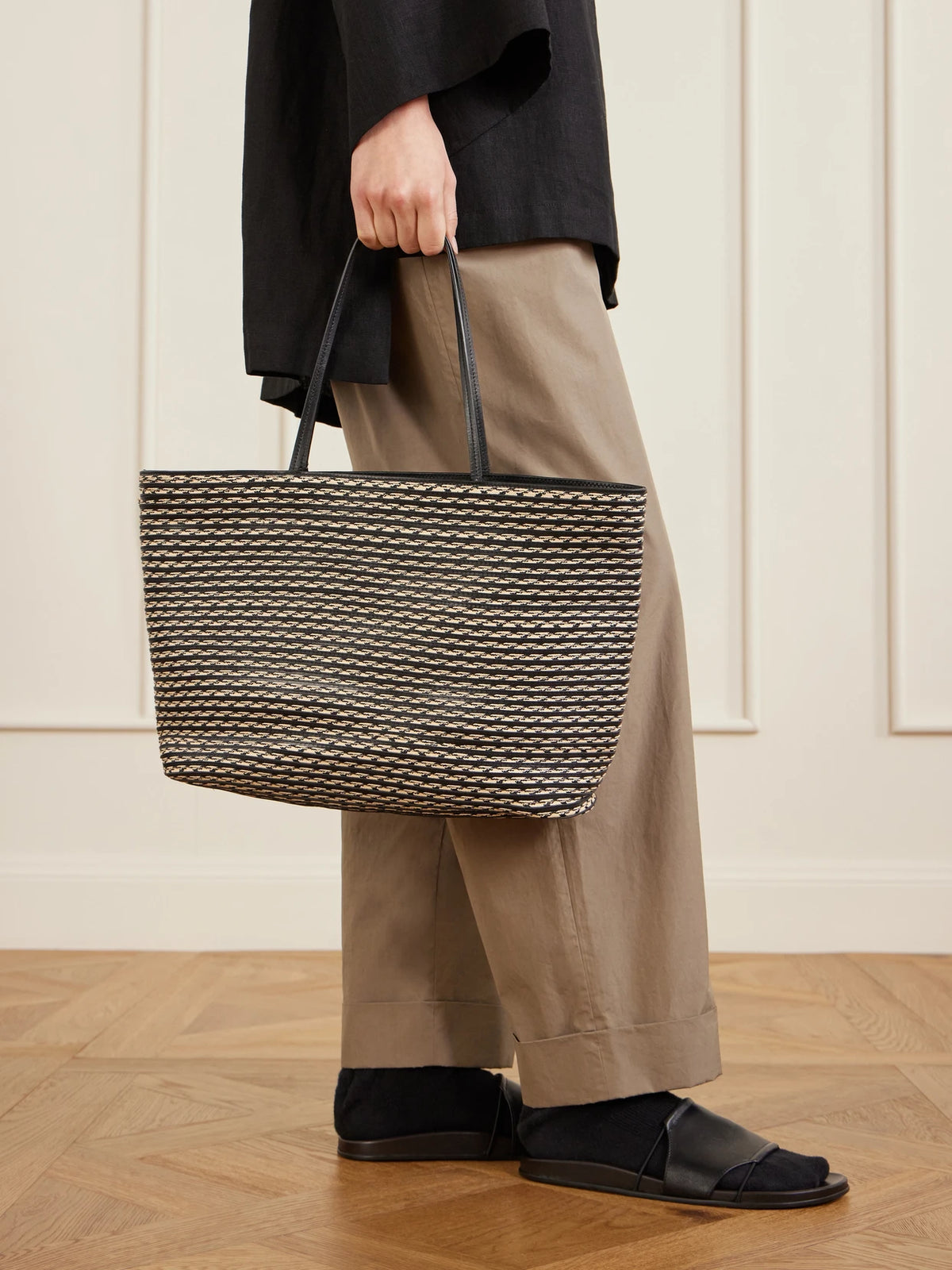 Image of Bags. Product name - Beau Large Leather And Raffia Tote in Black colour by brand - The Row