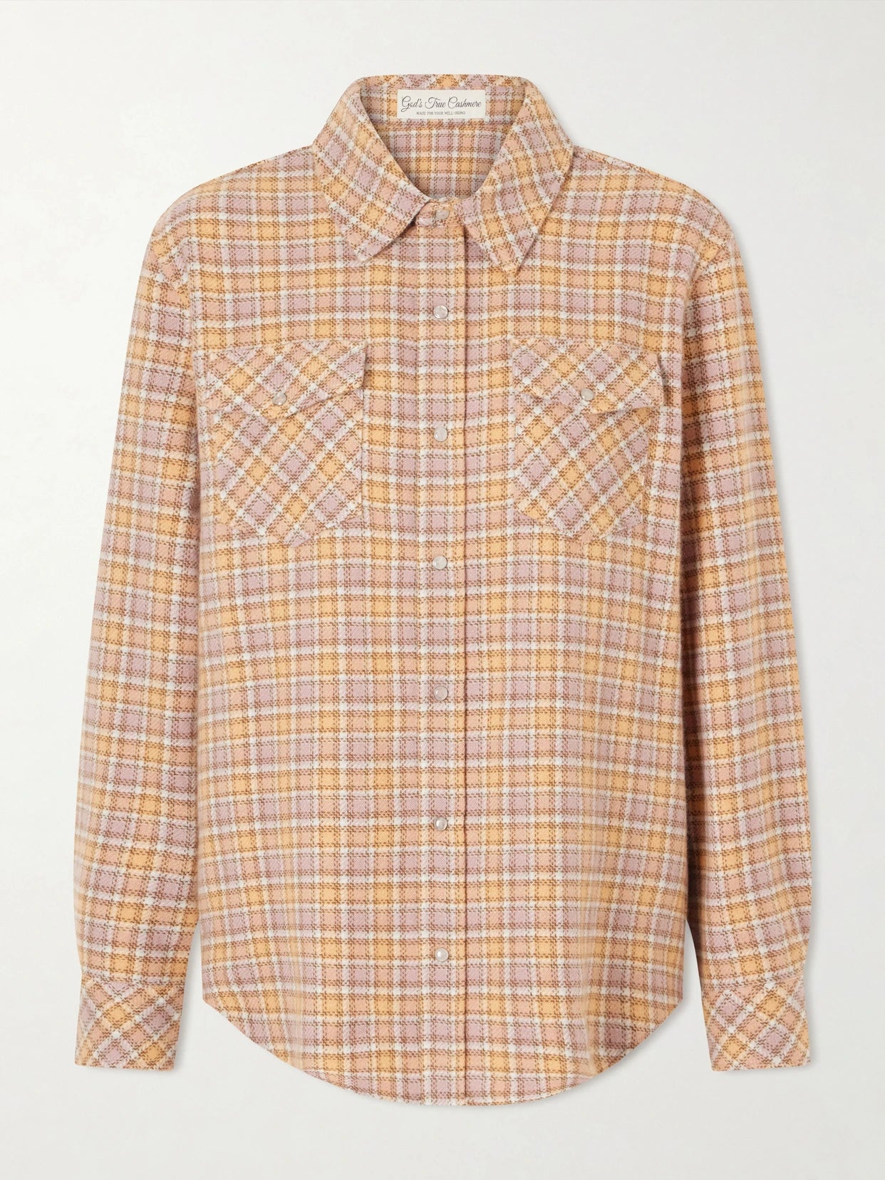 Image of a model wearing Tops. Product name - Midnight Rose Checked Cashmere Shirt in Orange colour by brand - God's True Cashmere