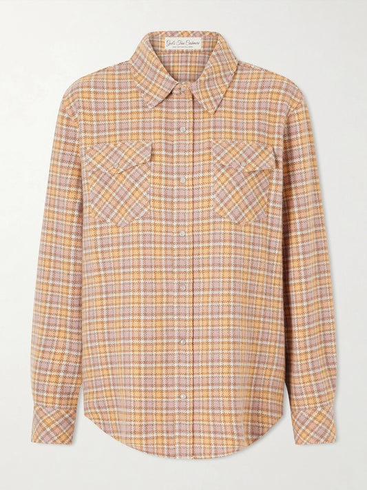 Image of a model wearing Tops. Product name - Midnight Rose Checked Cashmere Shirt in Orange colour by brand - God's True Cashmere