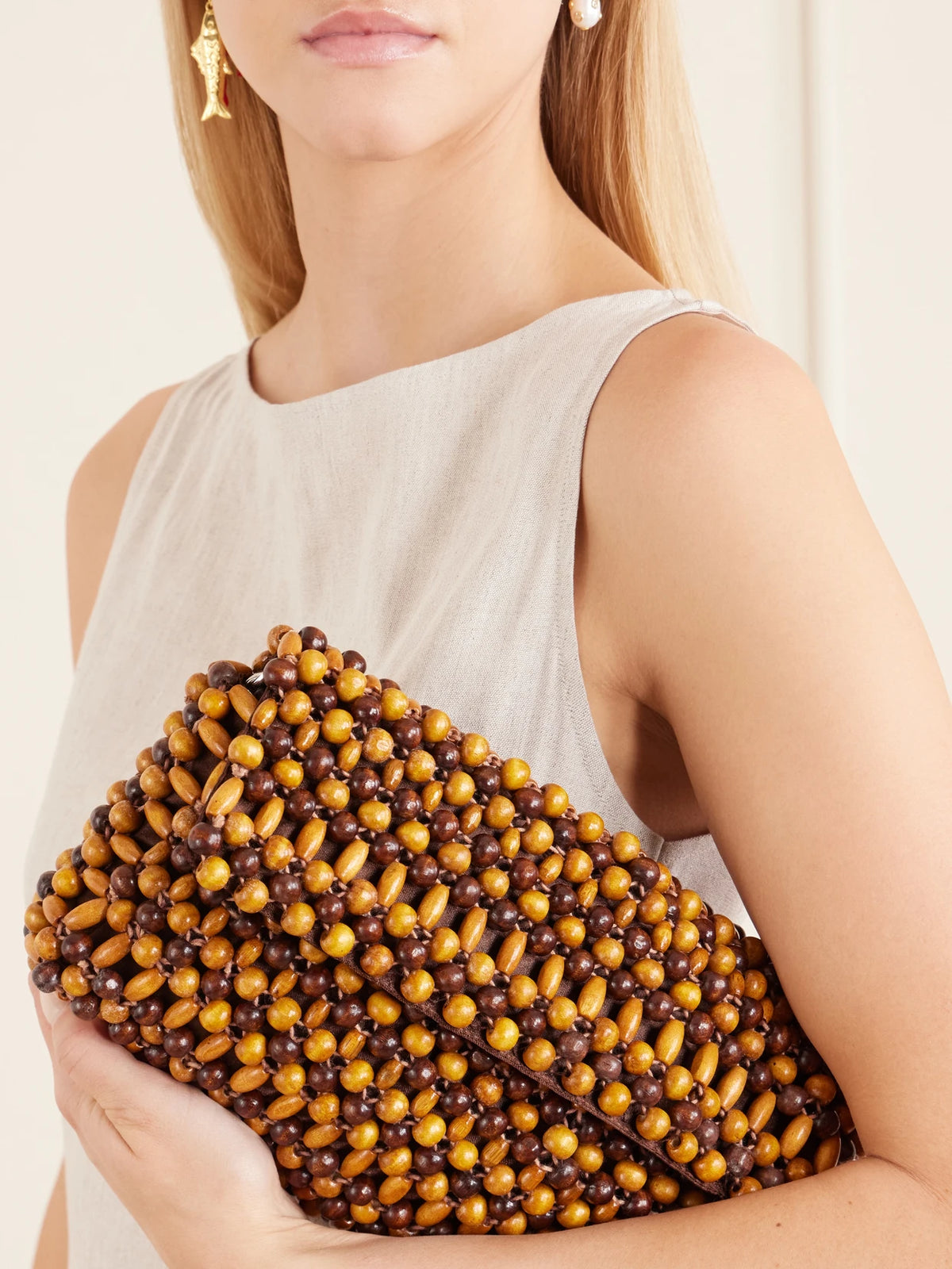 Image of Bags. Product name - Timmy Wooden-beaded Shoulder Bag in Brown colour by brand - STAUD