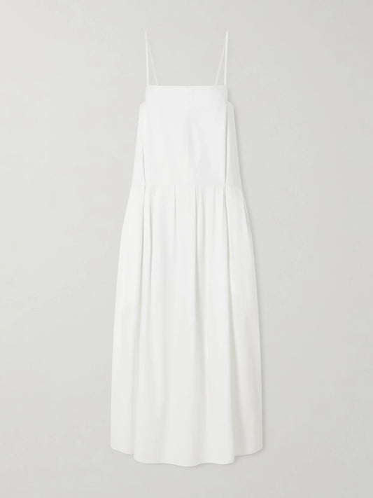 Image of Dresses. Product name - Adira Pleated Cotton-poplin Midi Dress in White colour by brand - KHAITE