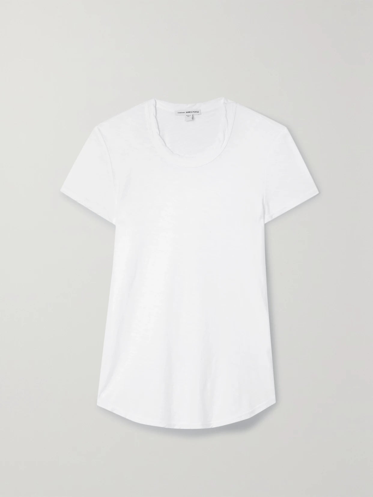 Image of a model wearing Tops. Product name - Slub Cotton-jersey T-shirt in White colour by brand - James Perse