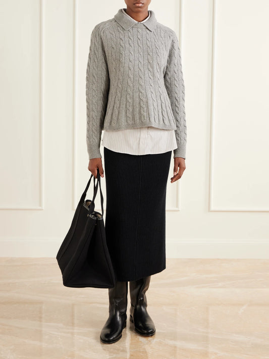Image of a model wearing Outerwear. Product name - Cable-knit Wool And Cashmere-blend Peplum Sweater in Gray colour by brand - Polo Ralph Lauren