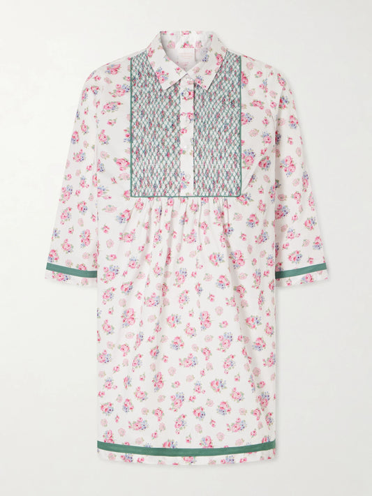 Image of Dresses. Product name - Alassio Shirred Embroidered Floral-print Cotton-poplin Mini Dress in Multi colour by brand - Loretta Caponi