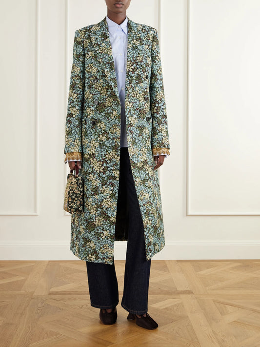 Image of Coats & Jackets. Product name - Double-breasted Floral-jacquard Coat in Blue colour by brand - Dries Van Noten