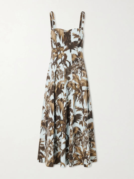 Image of Dresses. Product name - Paneled Printed Cotton-blend Poplin Midi Dress in Brown colour by brand - Oscar de la Renta