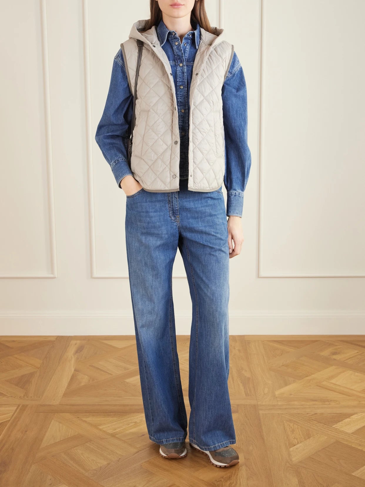 Image of Coats & Jackets. Product name - Hooded Quilted Shell Vest in Light gray colour by brand - Brunello Cucinelli