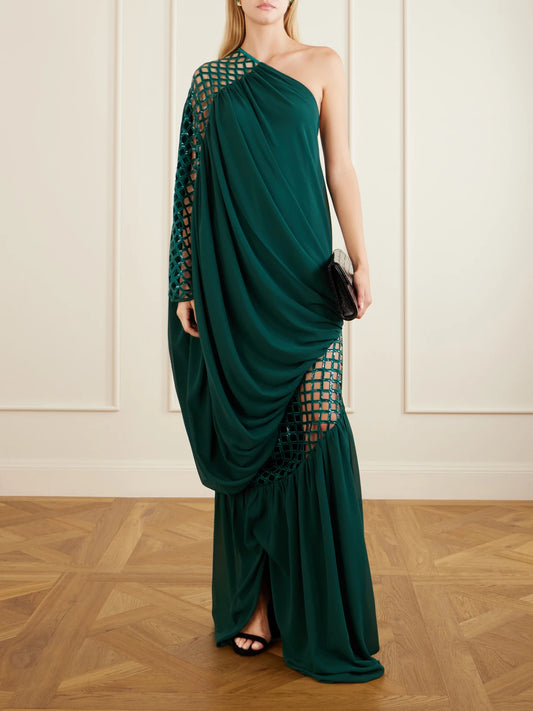 Image of Dresses. Product name - One-shoulder Sequin-embellished Crepe Dress in Green colour by brand - Dima Ayad