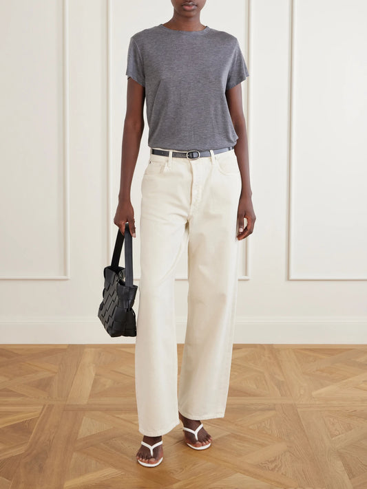 Image of a model wearing Tops. Product name - Adine Lyocell-jersey T-shirt in Gray colour by brand - AGOLDE