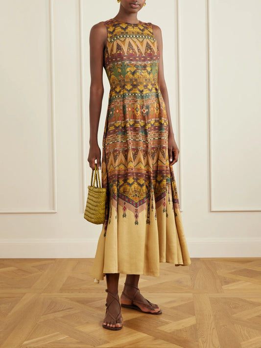 Image of Dresses. Product name - Clodette Desert Printed Woven Silk-blend Maxi Dress in Tan colour by brand - Emporio Sirenuse