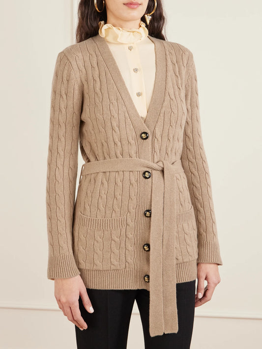Image of a model wearing Outerwear. Product name - Cable-knit Cashmere Cardigan in Camel colour by brand - Valentino Garavani