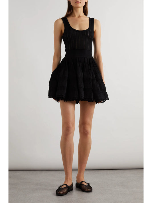 Image of Dresses. Product name - Ribbed Pointelle-knit Mini Dress in Black colour by brand - Alaïa