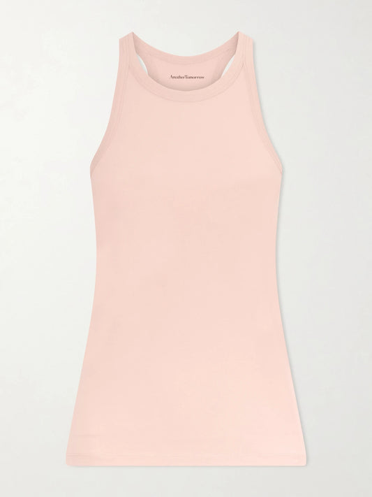 Image of a model wearing Tops. Product name - Racerback Jersey Tank in Pastel pink colour by brand - Another Tomorrow
