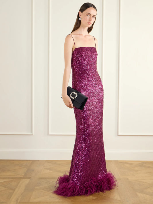 Image of Dresses. Product name - Feather-trimmed Sequined Gown in Plum colour by brand - Taller Marmo