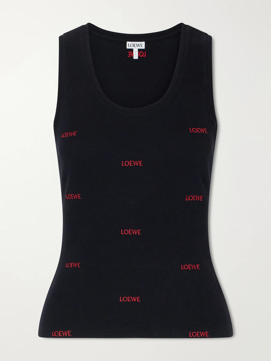 Image of a model wearing Tops. Product name - Logo-embroidered Ribbed Stretch-cotton Jersey Tank in Black colour by brand - LOEWE