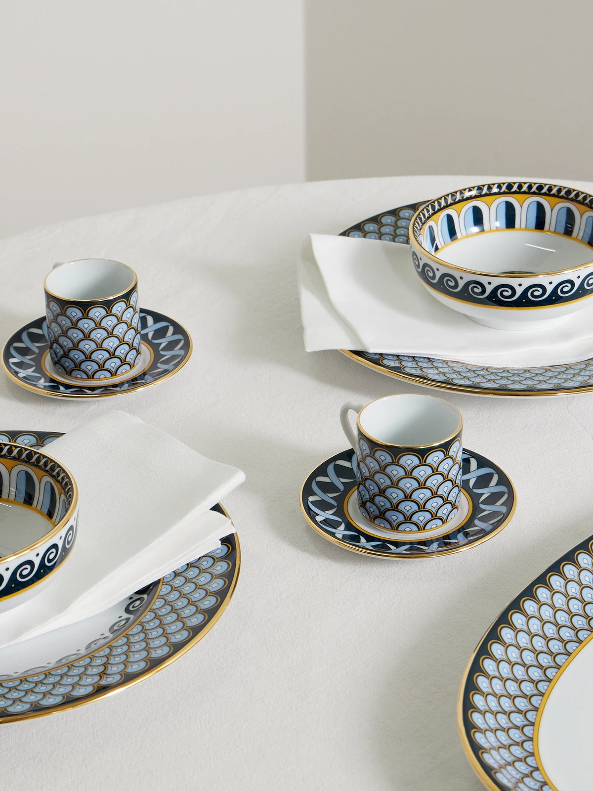 Image of Tableware. Product name - Impero Set Of Two Gold-plated Porcelain Espresso Cups And Saucers in Blue colour by brand - La DoubleJ