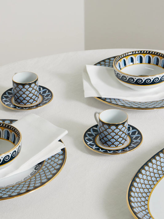 Image of Tableware. Product name - Impero Set Of Two Gold-plated Porcelain Espresso Cups And Saucers in Blue colour by brand - La DoubleJ