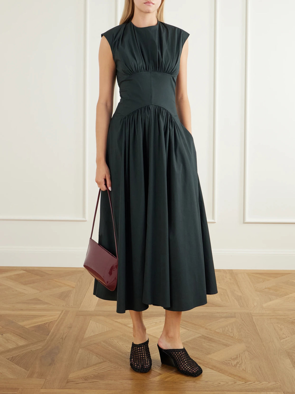 Image of Dresses. Product name - Nyssa Gathered Stretch Cotton-blend Midi Dress in Dark green colour by brand - Proenza Schouler White Label