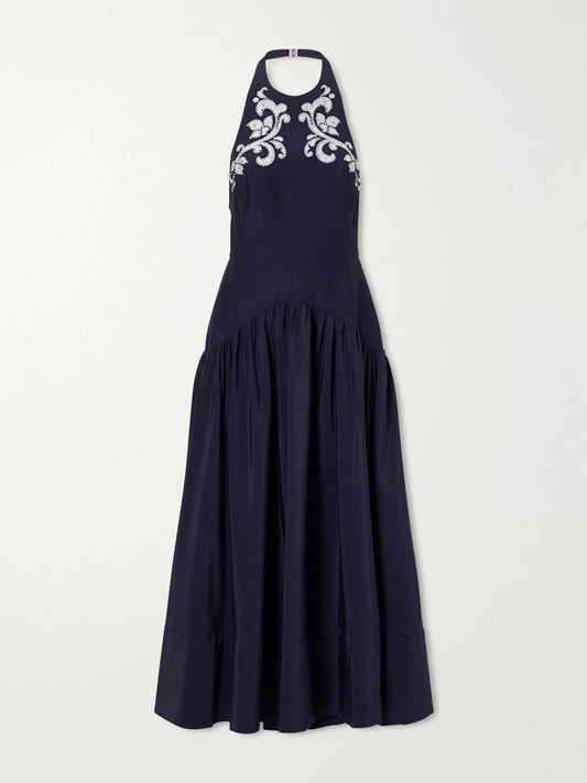 ALÉMAIS Dillon Crystal-embellished Appliquéd Embroidered Cotton-blend Poplin Halterneck Maxi Dress