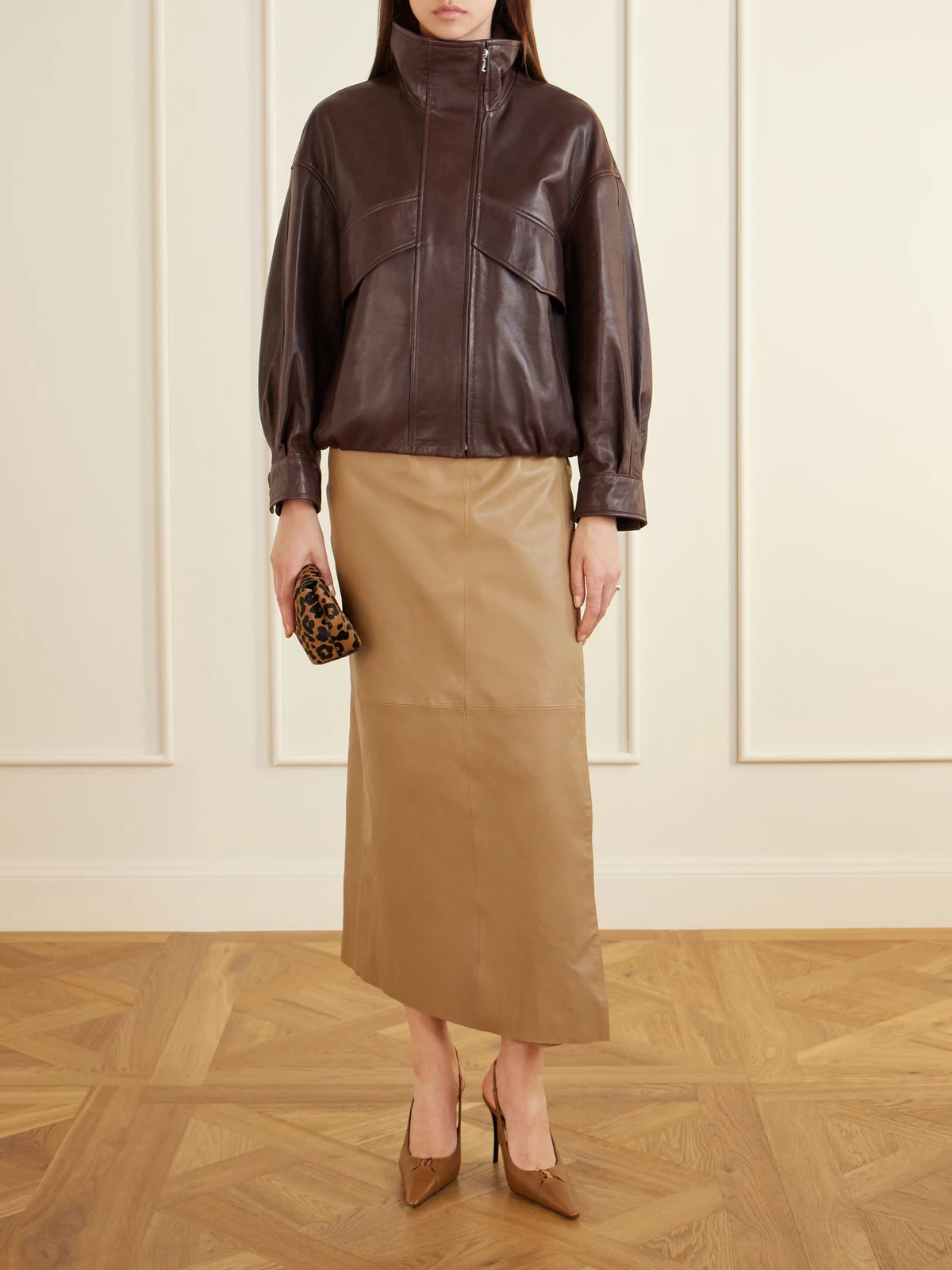 Image of Coats & Jackets. Product name - Leather Jacket in Brown colour by brand - Nour Hammour