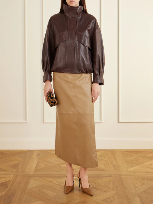 Image of Coats & Jackets. Product name - Leather Jacket in Brown colour by brand - Nour Hammour