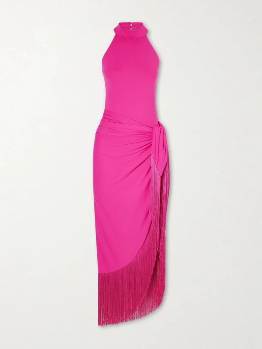 Image of Swimwear. Product name - Knossos Fringed Swimsuit And Pareo Set in Pink colour by brand - Taller Marmo