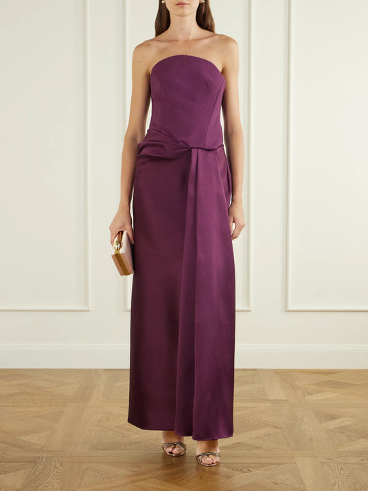 Image of Dresses. Product name - Seri Strapless Twill And Crepe Gown in Purple colour by brand - Solace London