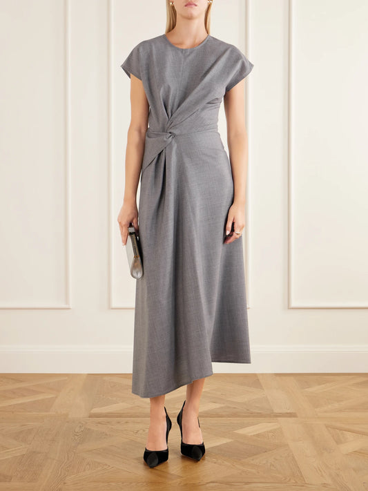Image of Dresses. Product name - Aria Gathered Wool Midi Dress in Gray colour by brand - Victoria Beckham