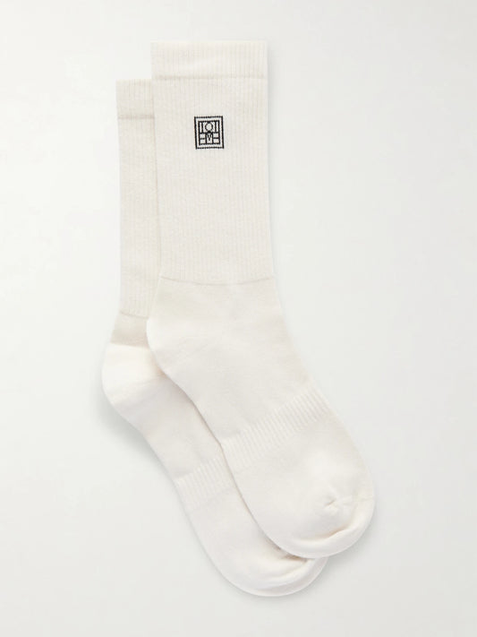 Embroidered Ribbed Cotton-blend Socks