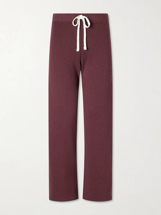 Image of Sleepwear & Loungewear. Product name - Cropped Cotton-terry Wide-leg Track Pants in Burgundy colour by brand - James Perse