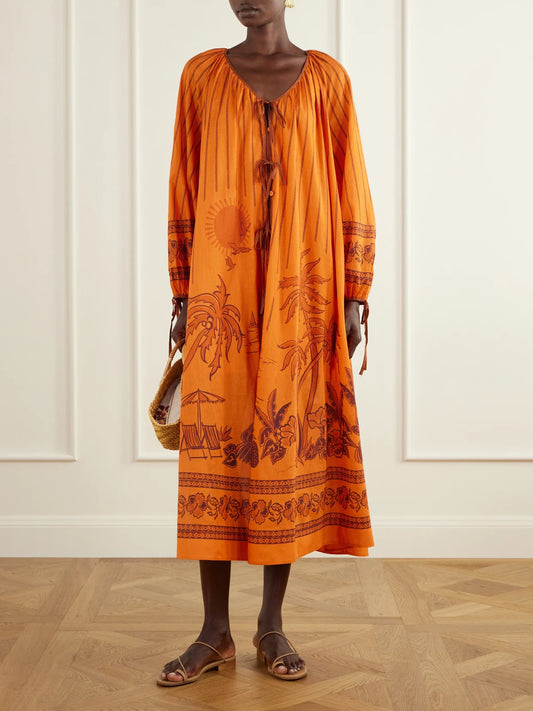 Image of Dresses. Product name - Boathouse Printed Cotton-voile Midi Dress in Orange colour by brand - ALÉMAIS