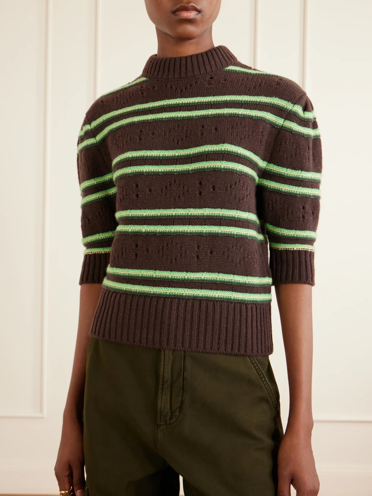 Cropped Striped Open-knit Cashmere Sweater