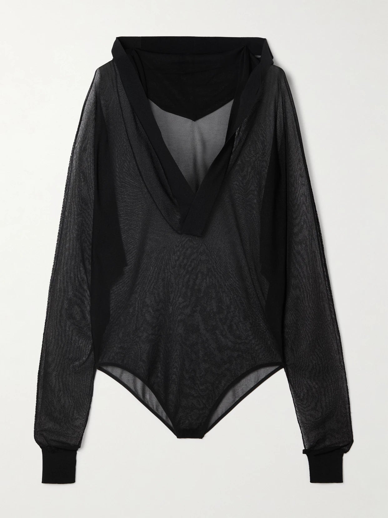 Image of a model wearing Tops. Product name - Hooded Jersey Bodysuit in Black colour by brand - Alaïa