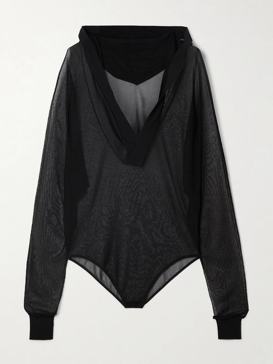 Image of a model wearing Tops. Product name - Hooded Jersey Bodysuit in Black colour by brand - Alaïa