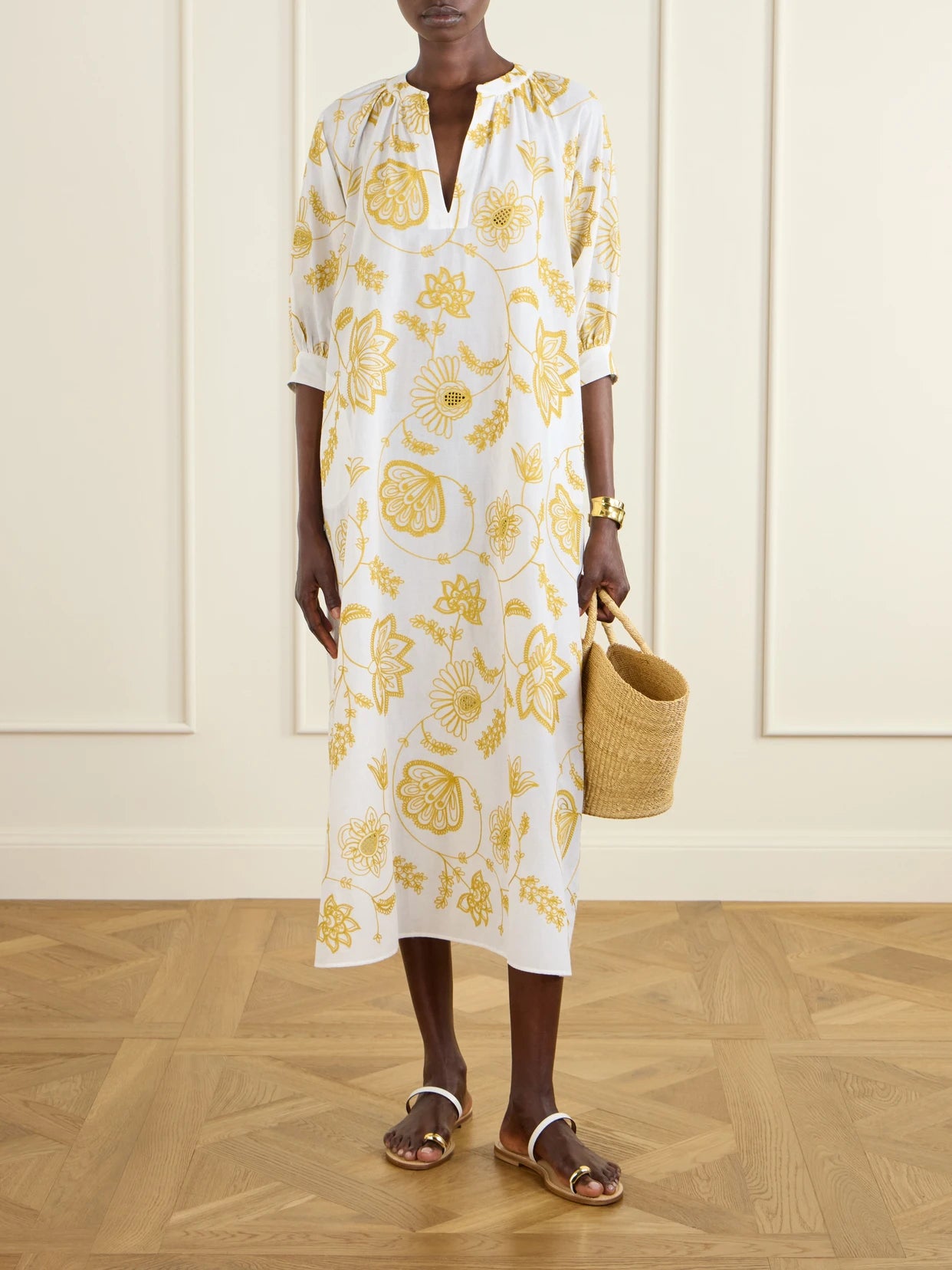 Image of Dresses. Product name - Sari Anjana Belted Embroidered Cotton-blend Midi Dress in Yellow colour by brand - Eres
