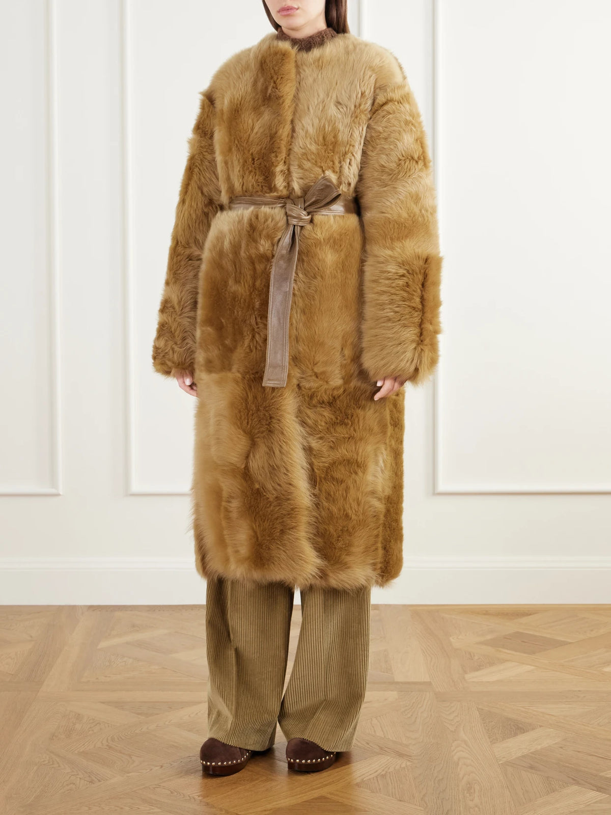FFORME Demi Reversible Belted Collarless Shearling Coat