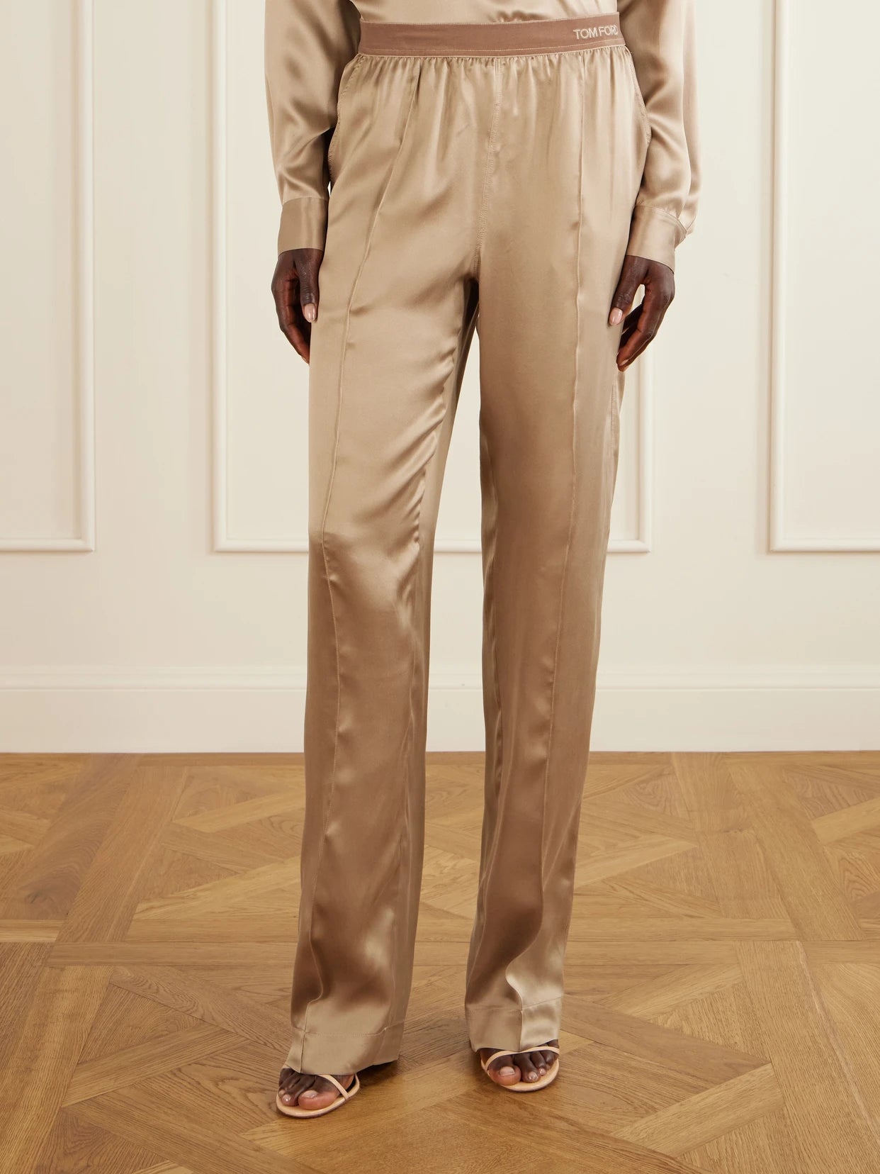 Logo-embroidered Velvet-trimmed Silk-satin Straight-leg Pants