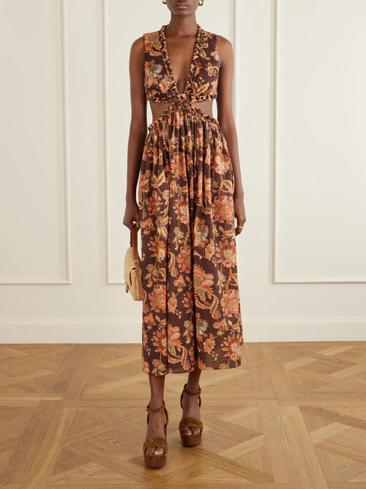 Image of Dresses. Product name - Aster Cut-out Printed Cotton Midi Dress in Brown colour by brand - Zimmermann