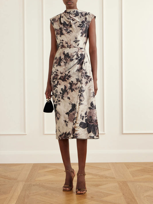 Image of Dresses. Product name - Floral-print Gathered Crinkled-satin Midi Dress in Multi colour by brand - Erdem