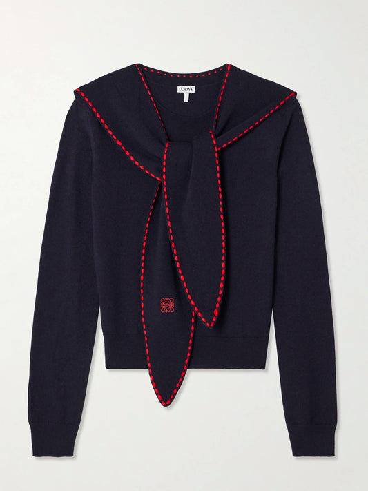 Tie-detail Embroidered Knitted Top