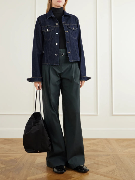 Image of a model wearing Pants. Product name - Raver Belted Cotton-blend Wide-leg Pants in Dark green colour by brand - Proenza Schouler White Label