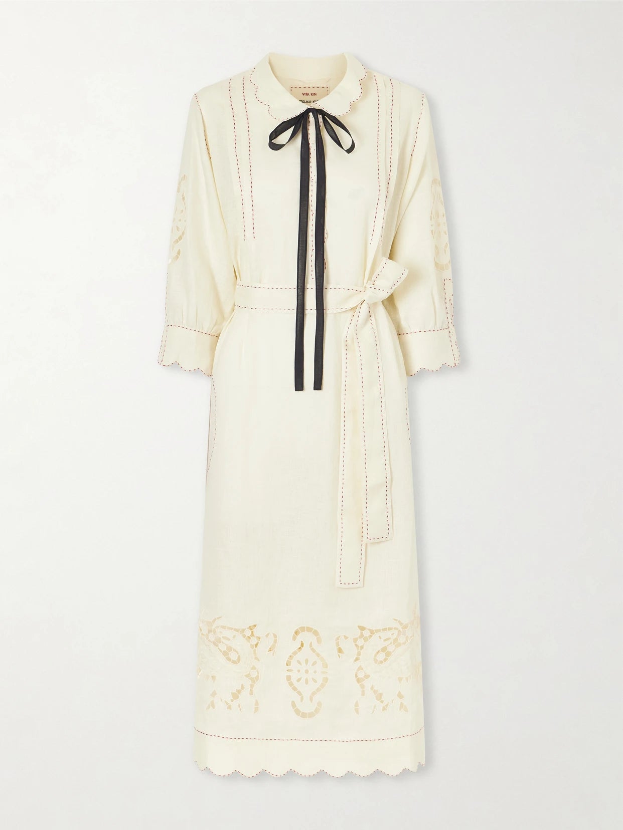 Samarkand Broderie Anglaise-trimmed Belted Linen Midi Dress