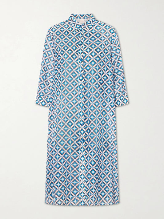 Image of Dresses. Product name - Beachwear Printed Cotton And Silk-blend Midi Dress in Blue colour by brand - Max Mara