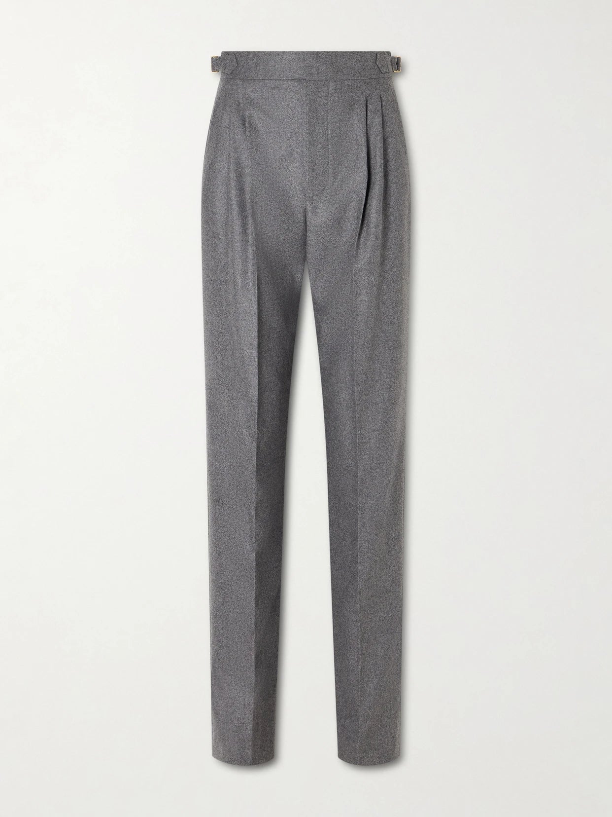 Image of a model wearing Pants. Product name - Malik Pleated Wool And Cashmere-blend Straight-leg Pants in Gray colour by brand - Loro Piana