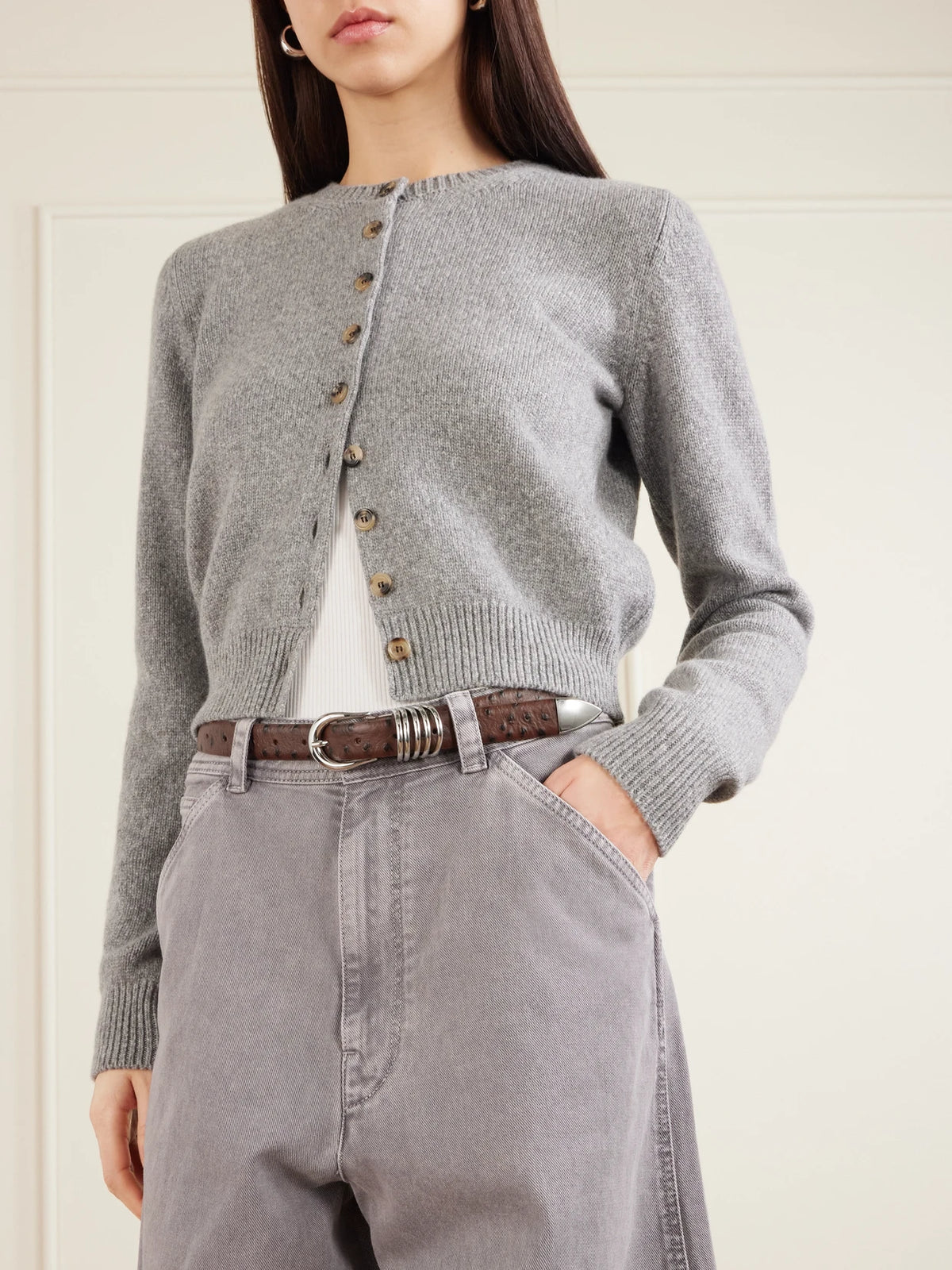 Image of Belts. Product name - Hollyhock Ostrich-effect Leather Waist Belt in Dark brown colour by brand - Déhanche