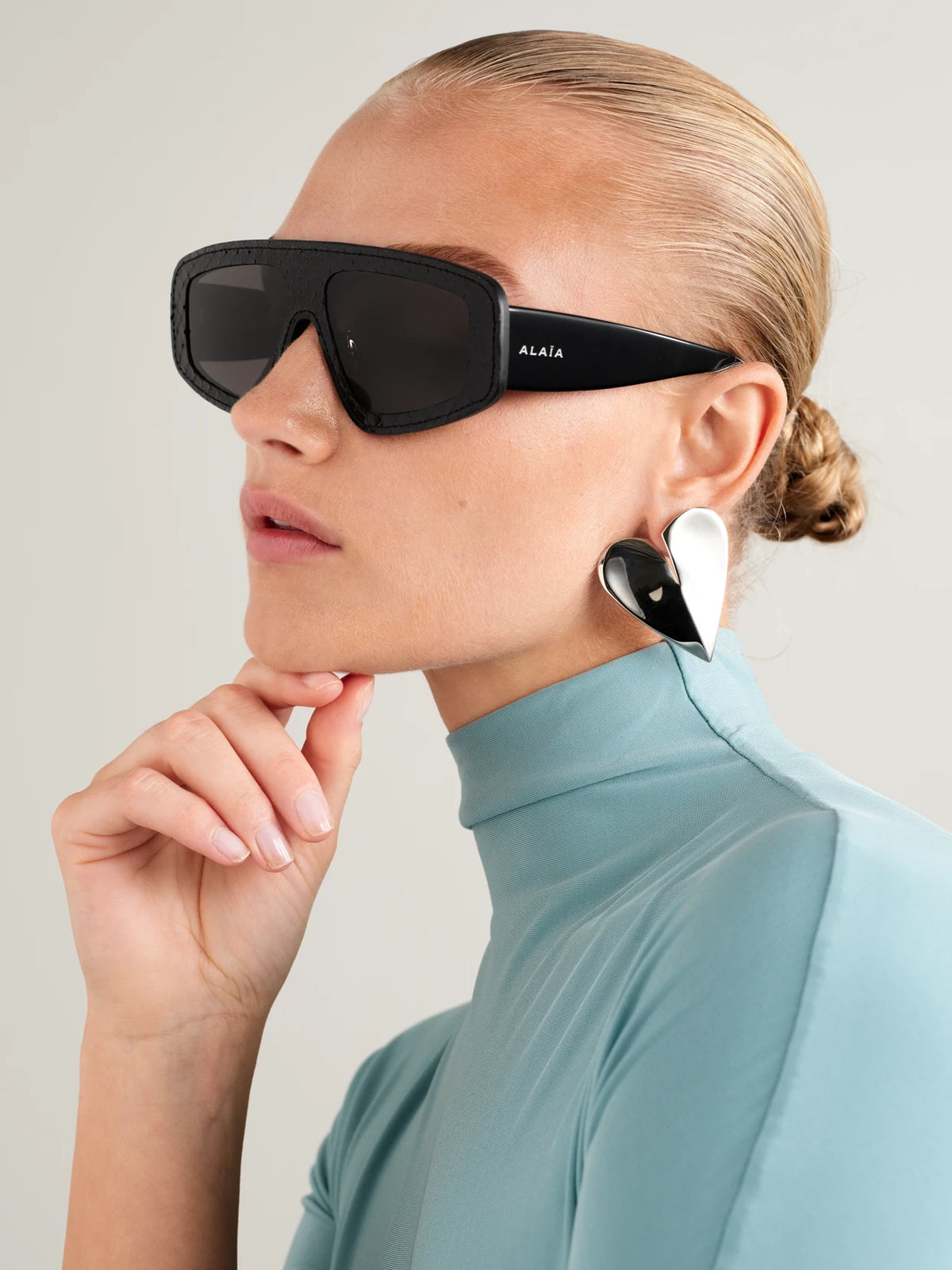 Image of Sunglasses. Product name - Mask D-frame Snake-effect Leather And Acetate Sunglasses in Black colour by brand - Alaïa